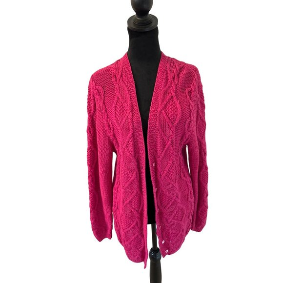 Vintage Lauren Hansen Women's Knitted by Hand Raspberry Pink Cable Knit Cardigan - Picture 3 of 9